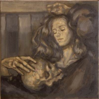Portrait, oil on canvas. Isabel with skull. 